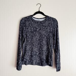 Hang Ten Black + White Hibiscus Floral Print Long Sleeve UPF Rashguard - Small